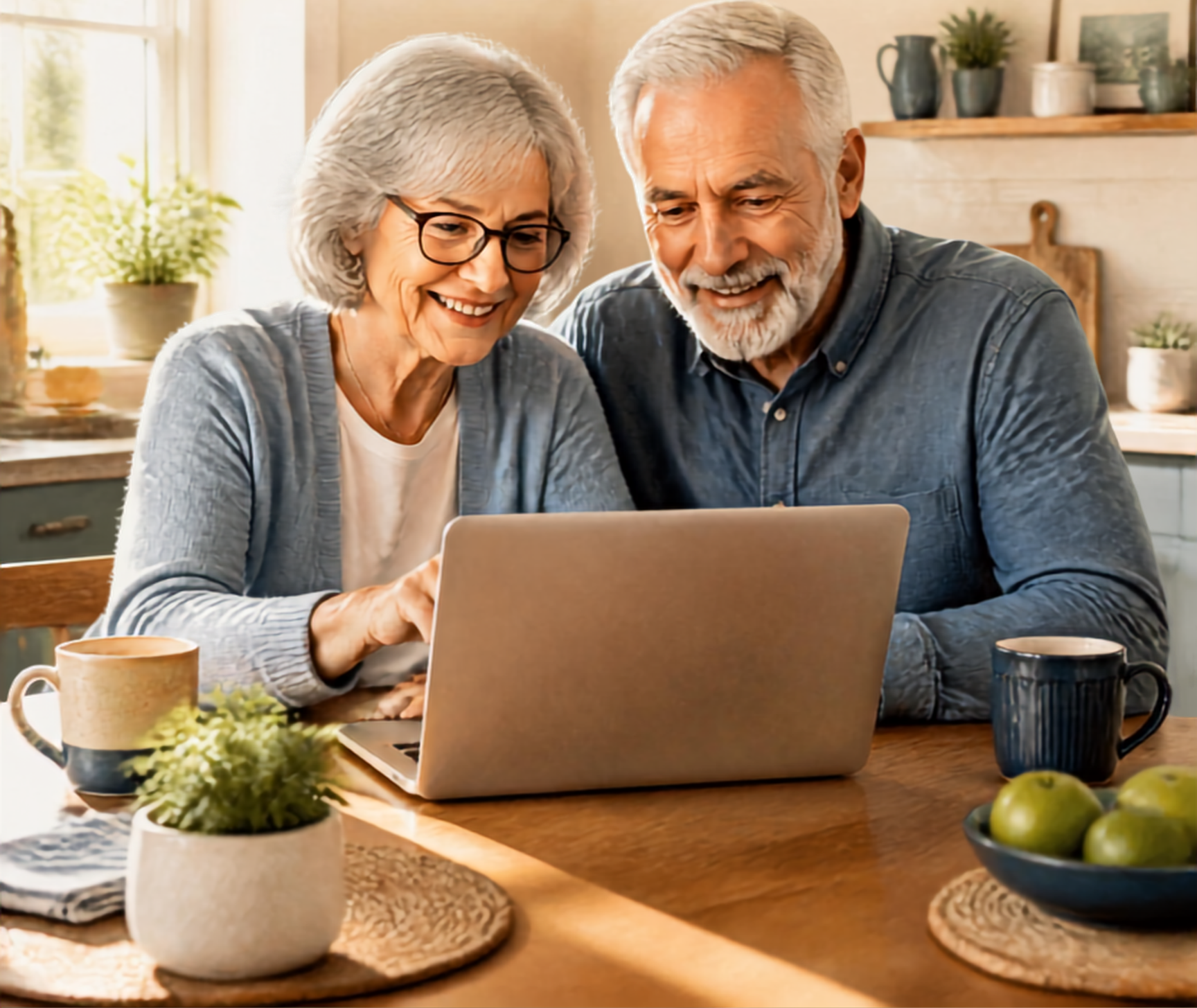 A senior couple smiling while looking at a tablet together